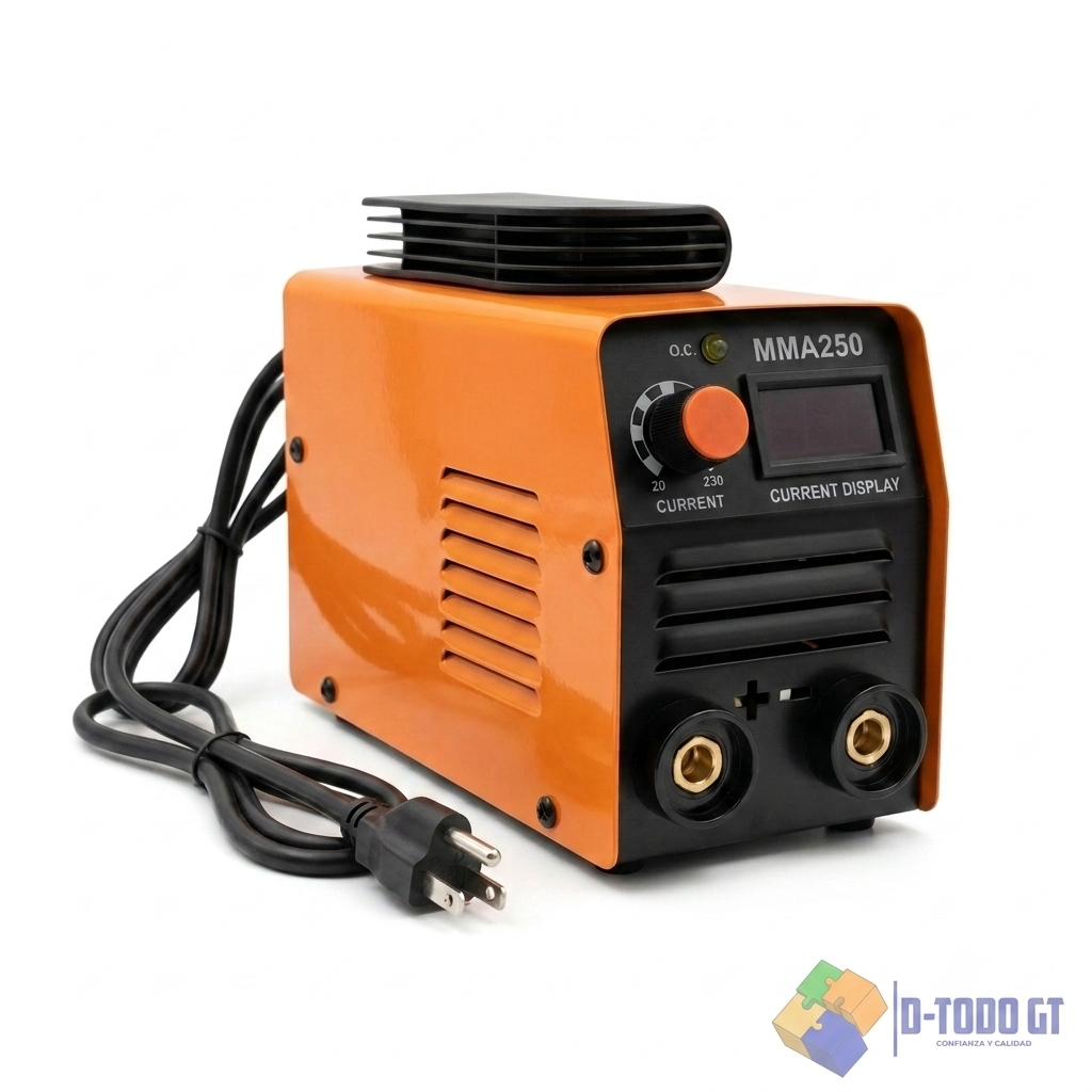 Soldadora inversora MMA-250 color naranja con perilla de amperaje y display digital
