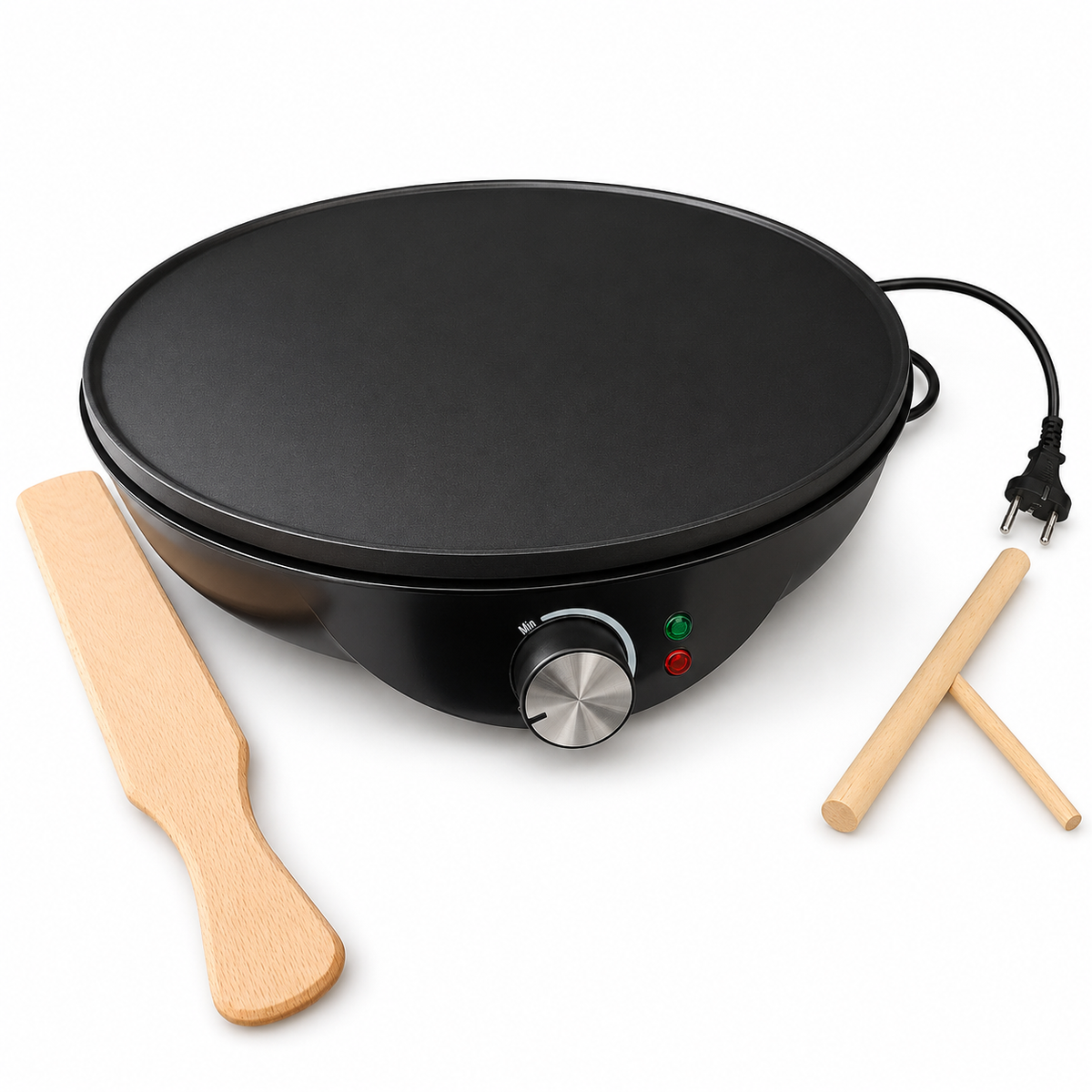 Crepera electrica antiadherente negra con espatula y rastrillo de madera