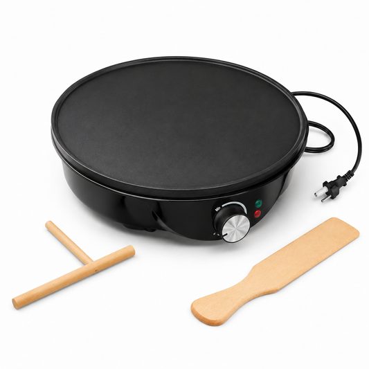 Crepera electrica antiadherente con perilla de temperatura, espatula y rastrillo de madera