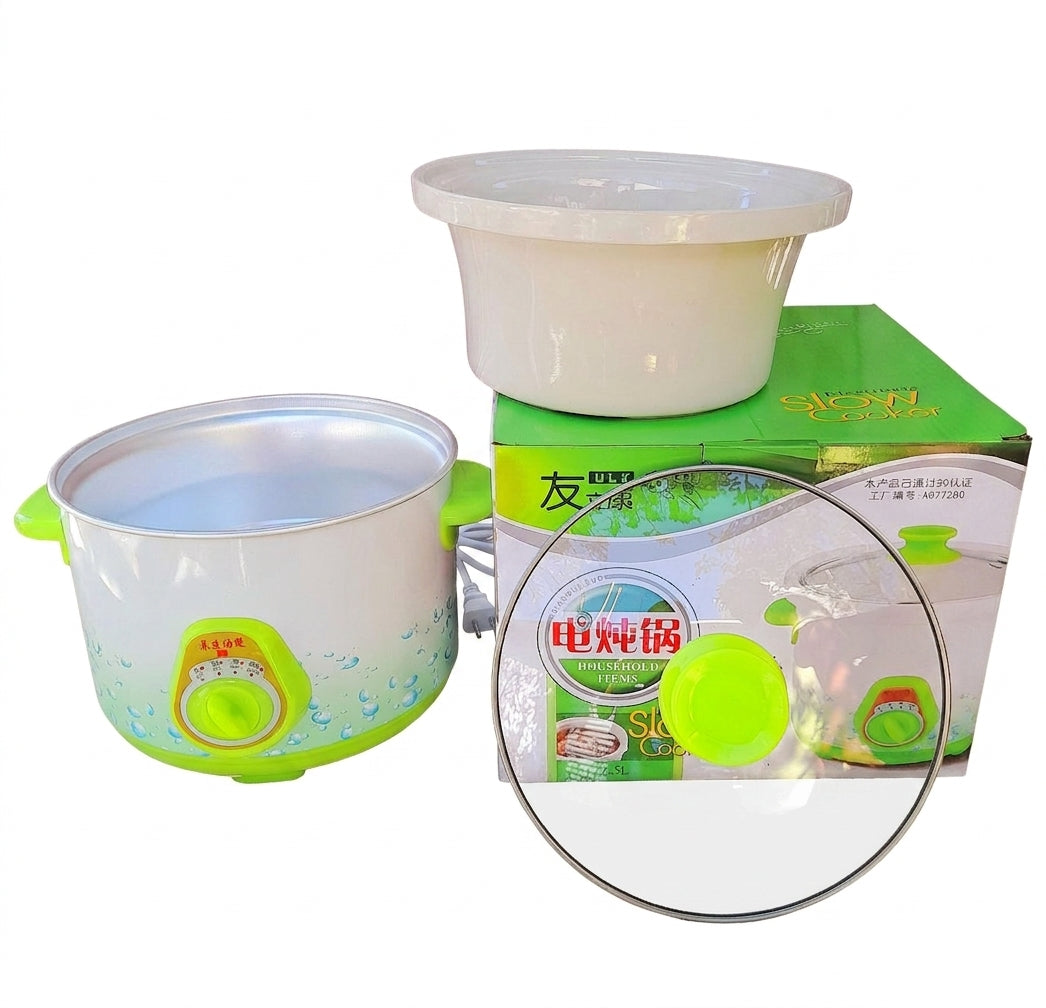 Olla cocedora electrica verde y blanca con olla de ceramica, tapa de vidrio y su caja