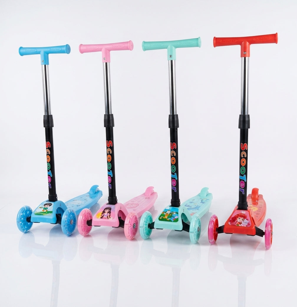 Patinetas infantiles de tres ruedas con luces en celeste, rosado, menta y rojo