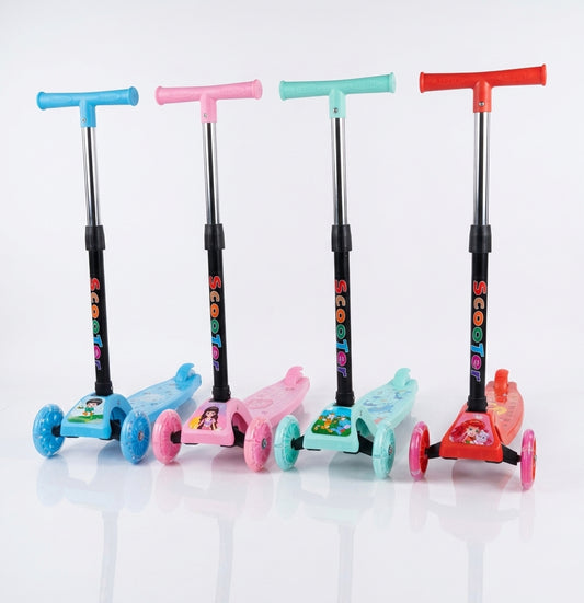 Patinetas infantiles de tres ruedas con luces en celeste, rosado, menta y rojo