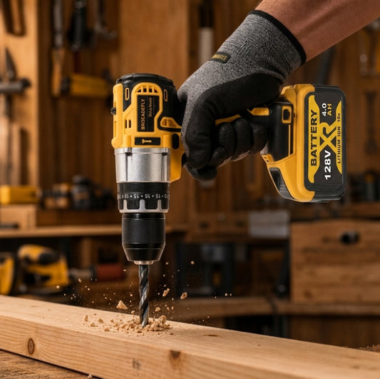 Barreno con rotomartillo BROCADEFLY 128V perforando una viga de madera en un taller