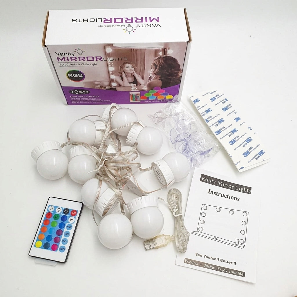 Kit de foquitos LED para espejo con su caja, control remoto, adhesivos e instrucciones