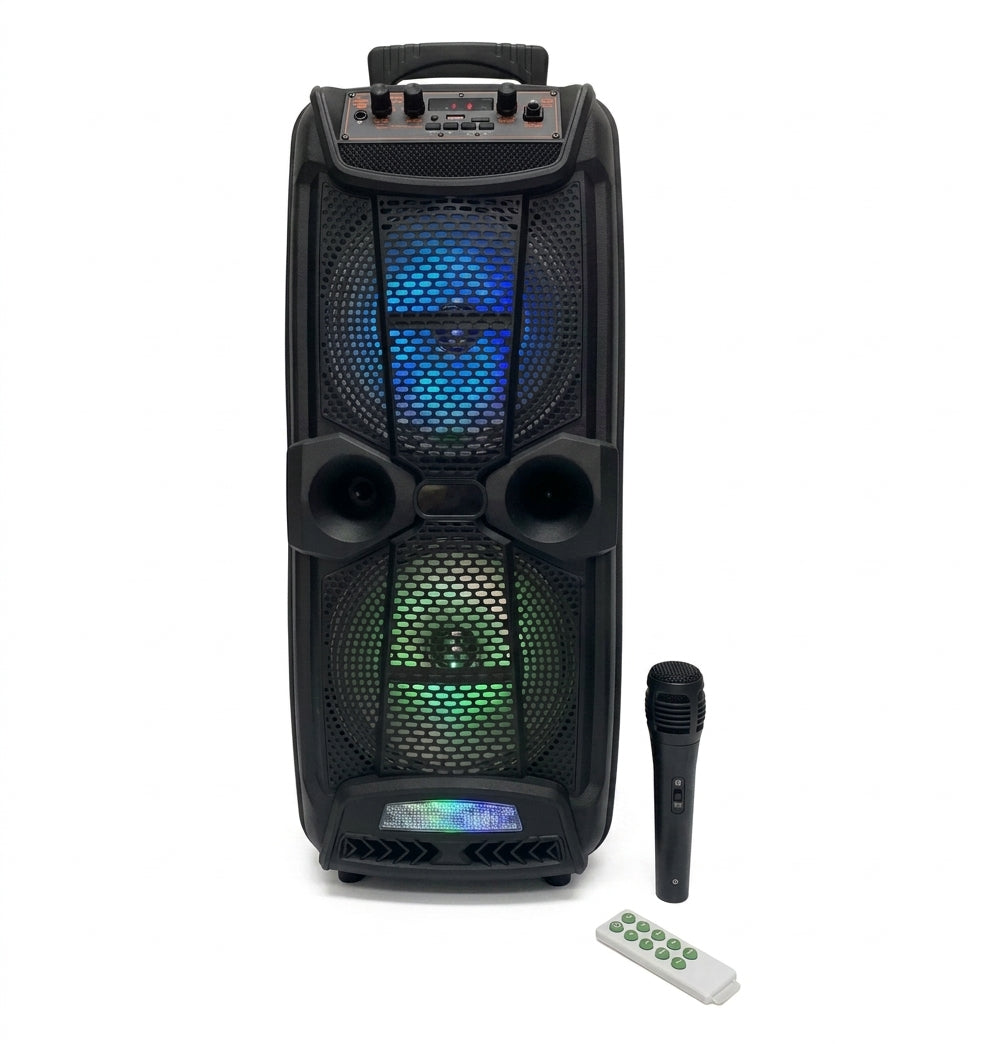 Bocina torre inalambrica KTS de doble parlante de 8 pulgadas con luces LED, microfono y control remoto