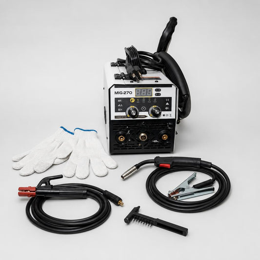 Soldadora MIG-270 Inverter con accesorios: guantes, pistola MIG, porta electrodo y pinza a tierra