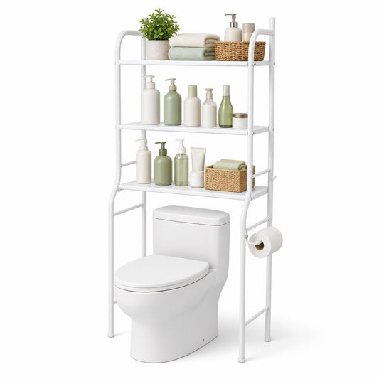 Organizador de baño de 3 niveles con artículos de baño, foto de estudio