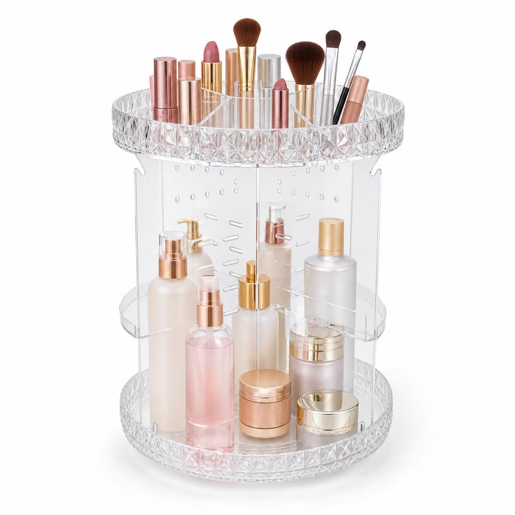 Organizador de maquillaje giratorio 360° lleno de cosméticos, foto de estudio
