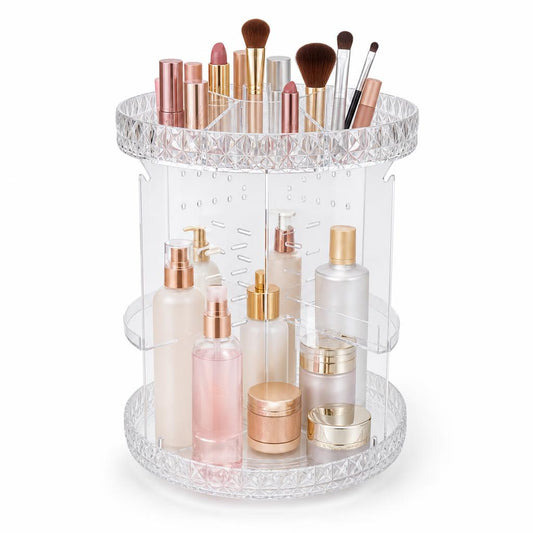 Organizador de maquillaje giratorio 360° lleno de cosméticos, foto de estudio