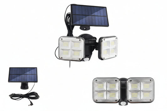 Lampara solar de pared con cabezales LED ajustables y panel solar independiente con cable