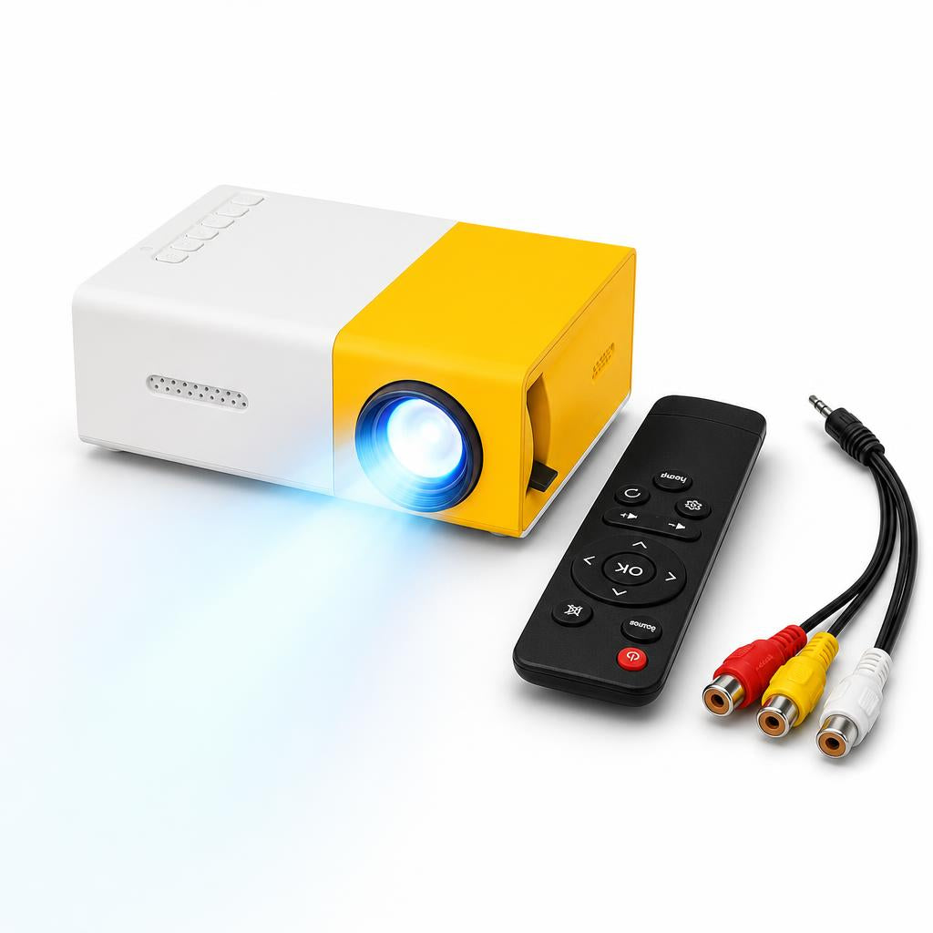 Mini proyector LED portátil encendido, luz azul en el lente